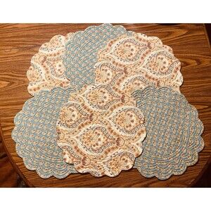 Quilted Placemats Set Of 6 Paisley Print  16” Muted Brown Turquoise Reversible